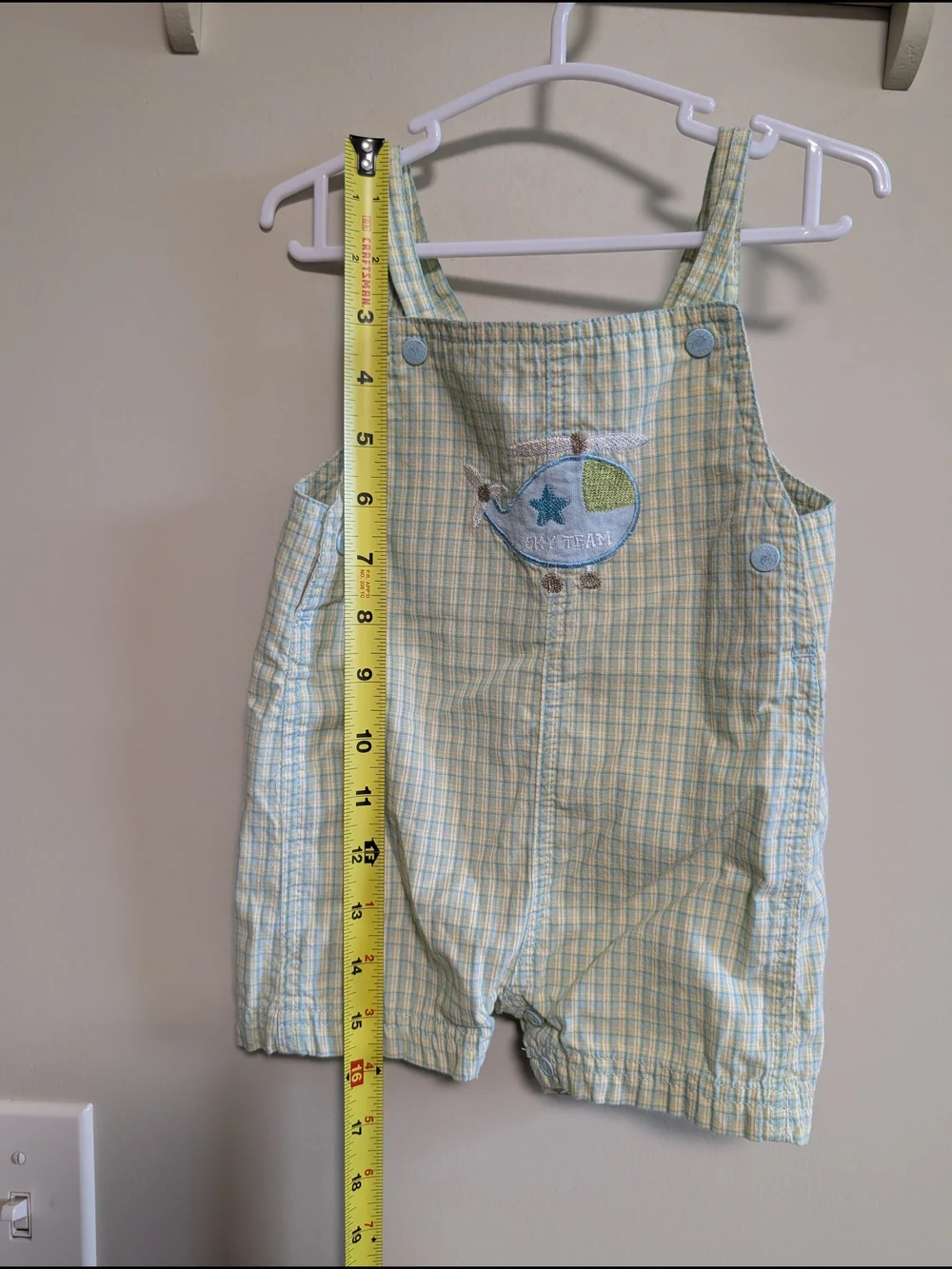 Vintage OshKosh B'gosh Light Green and White Plaid Baby Shortalls WithHelicopter